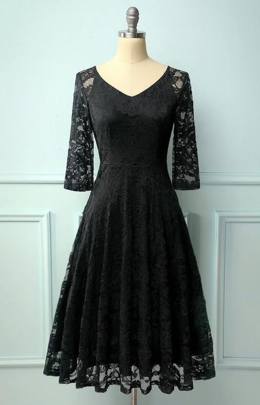 A Line Midi Long Sleeves Lace Prom Dress