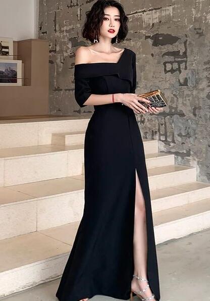 One Shoulder Slit Long Black Prom Dress