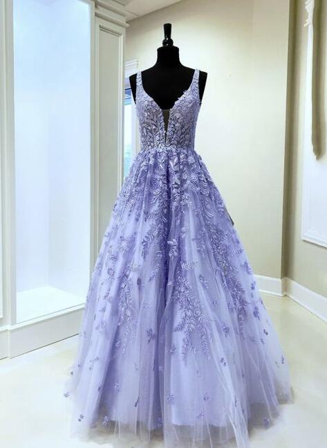 A Line Lilac Lace V Neck Long Prom Dress