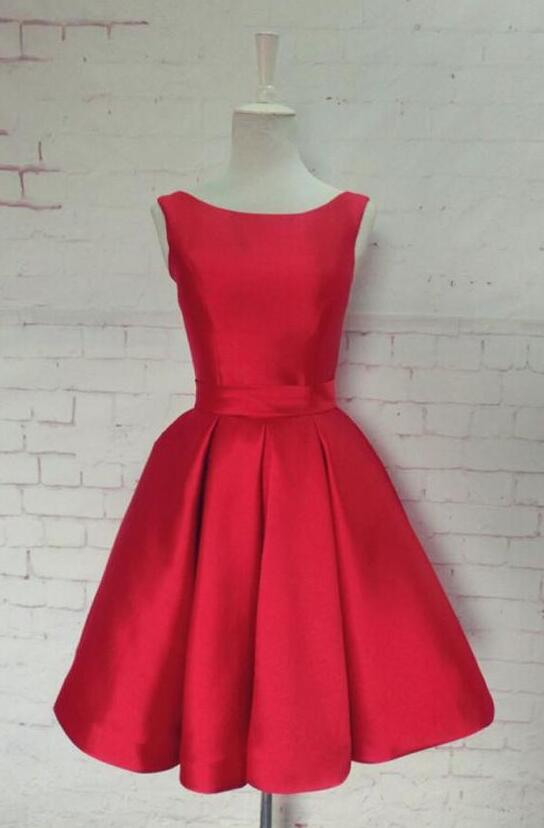 Bateau Satin Knee-length Red Homecoming Dress