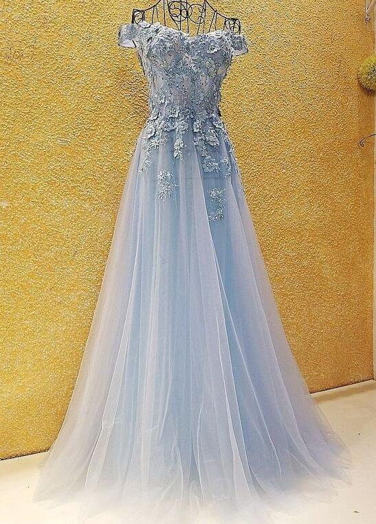Light Blue Tulle with Gold Lace Applique Party Dress, Light Blue Prom Dress
