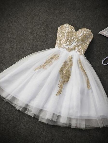 Cute Tulle Homecoming Dress With Gold Applique