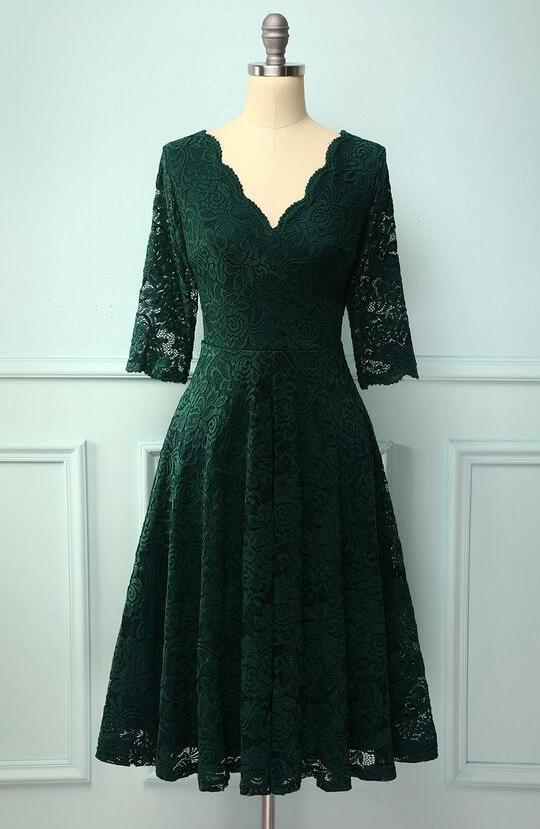 A Line Green V Neck Lace Homecoming Dress With 3/4 Sleeves