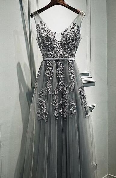 Grey Lace V Neck Tulle Long Prom Dress,Cheap Party Dresses on Line, PL141 main image 1