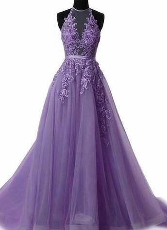 Charming Purple Halter Lace Prom Dress With Sweep Train