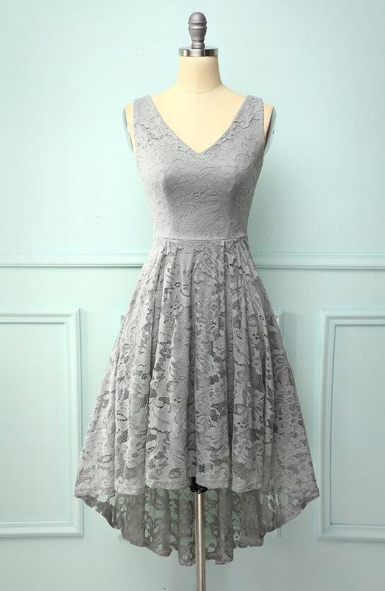 Grey Lace Asymmetrical Prom Dress