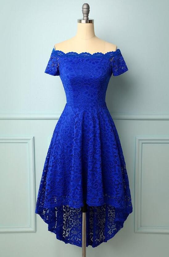 Off Shoulder Asymmetrical Royal Blue Lace Dress