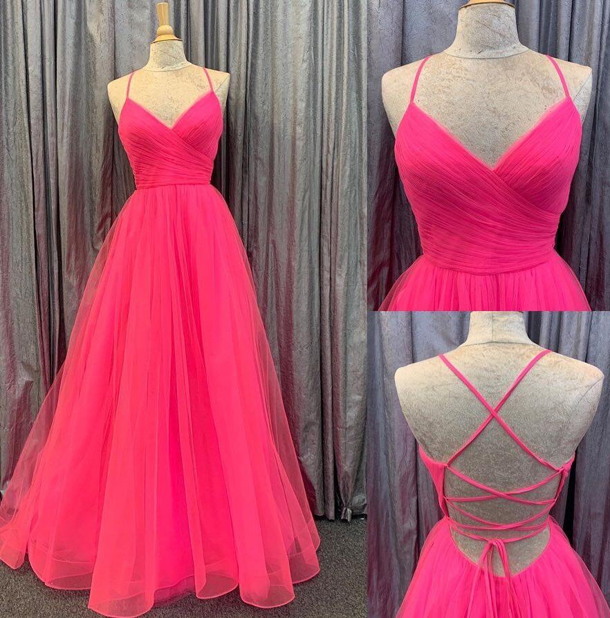 A Line High Low Pink Tulle Prom Dresses LBQ1098 main image 1