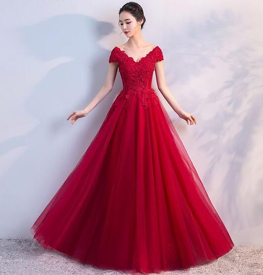 A Line Burgundy V Neck Tulle Lace Long Prom Dress