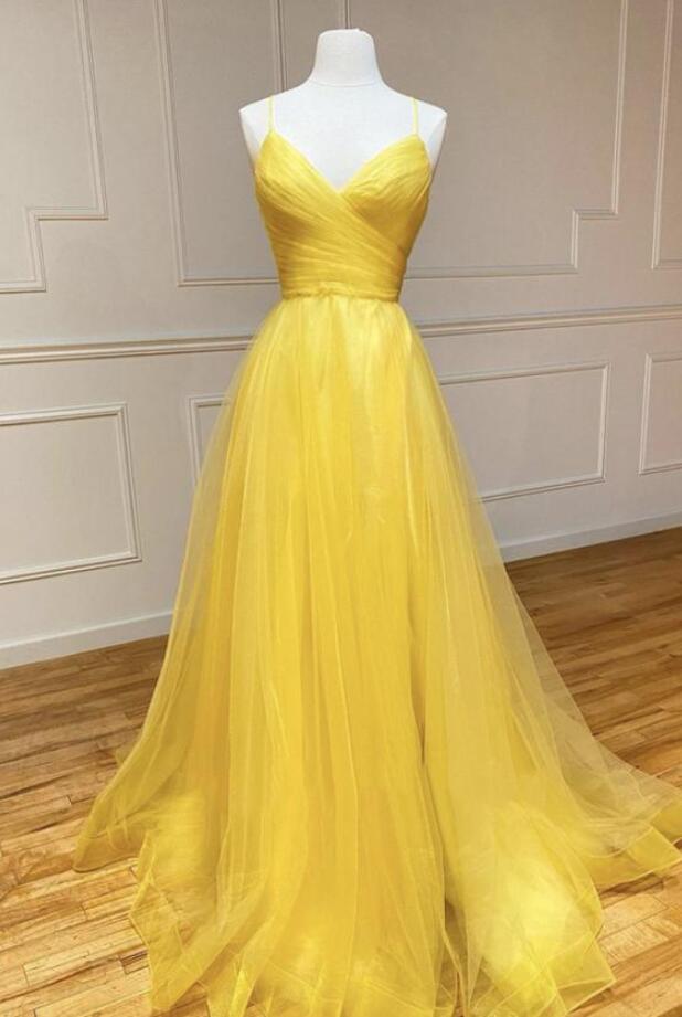 A Line Yellwo Tulle Backless Prom Dress Evening Dress