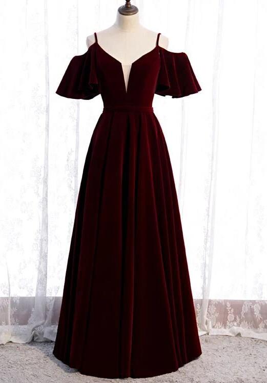 A Line Wine Red Velvet Party Dress