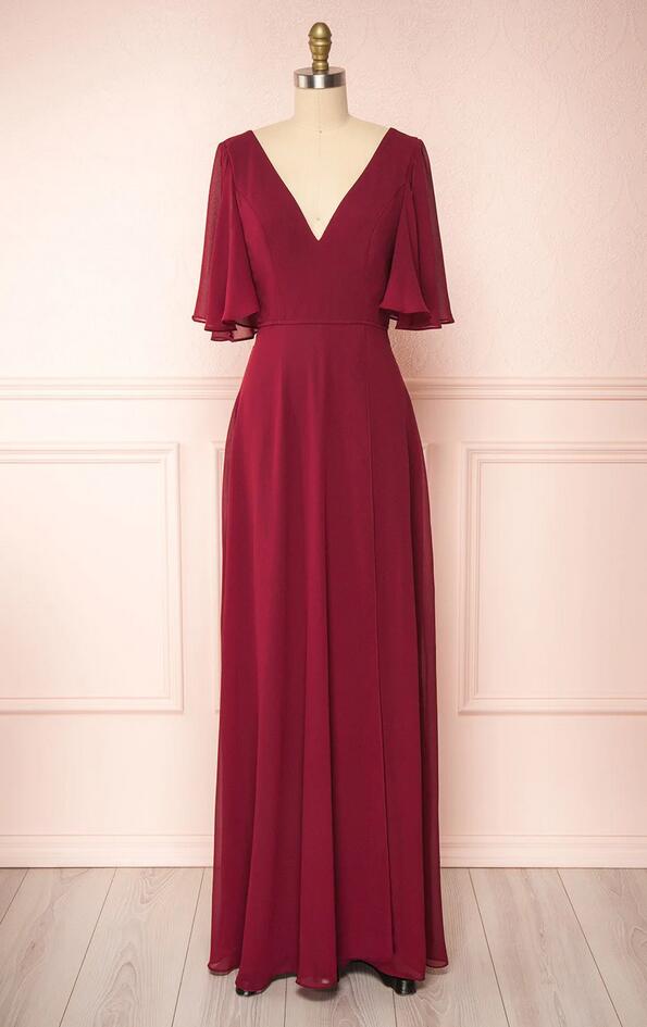 A-Line Ruched Chiffon Asymmetrical Dress Burgundy