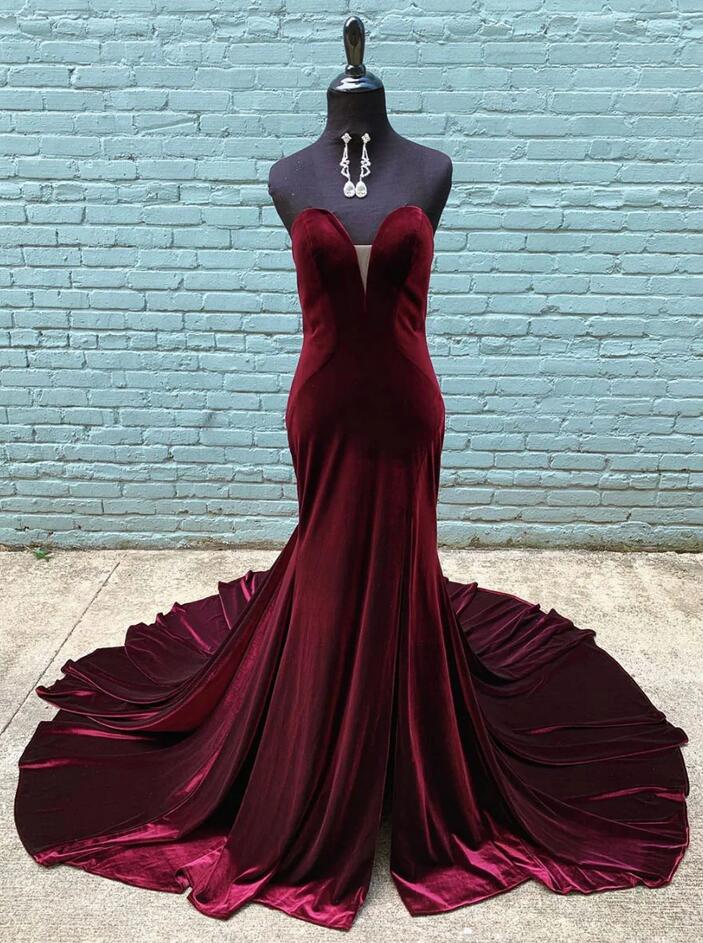 Mermaid Burgundy Velvet Sweetheart Long Prom Dress