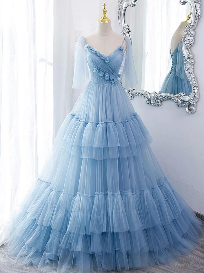 Blue Mermaid Corset Tulle Long Plus Size Prom Dress with 3D Flowers