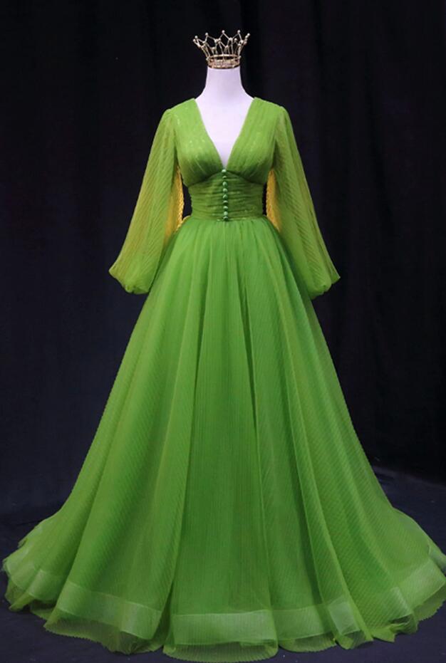 Elegant Long A-line V Neck Tulle Graduation Prom Dresses