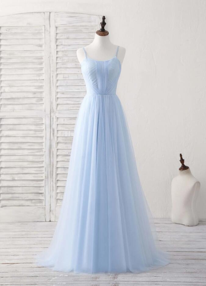 Blue Tulle A-line Scoop Spaghetti Straps Long Prom Dresses With Appliques, PL612