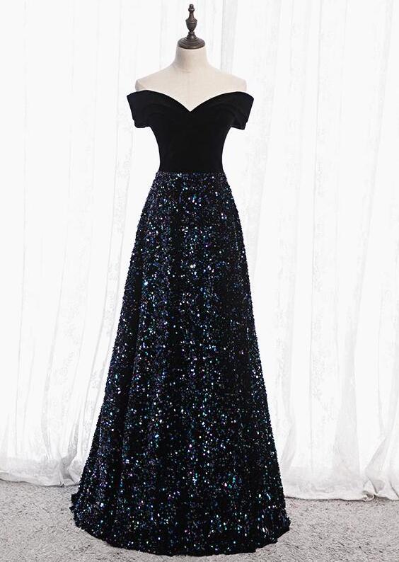 Black Sequins Off the Shoulder Short Sleeve Formal Prom Dress main image 0