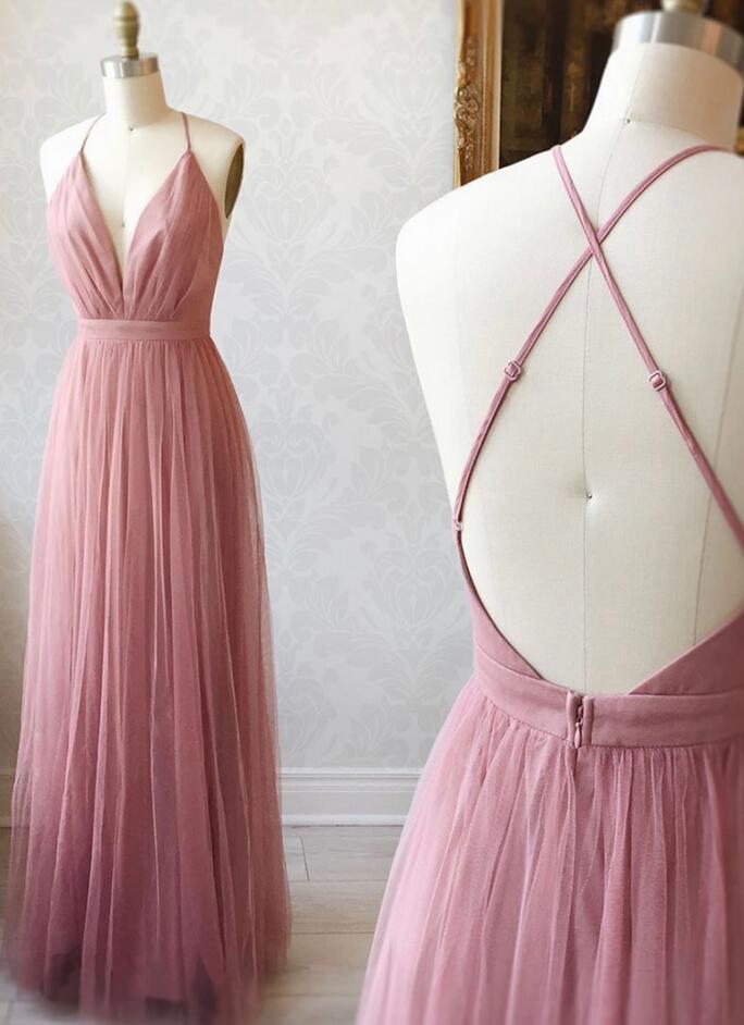 Simple Pink V Neck Tulle Bridesmaid Dress