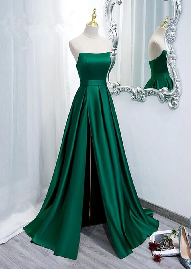 Simple Satin Leg Slit Long Green Prom Dress