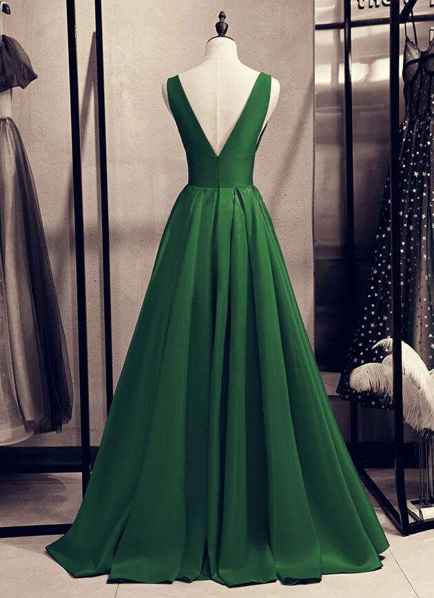 Green Satin V-Neckline Low Back Prom Dress B640