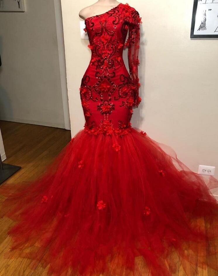 One Shoulder Red Prom Dress with Ruffles
