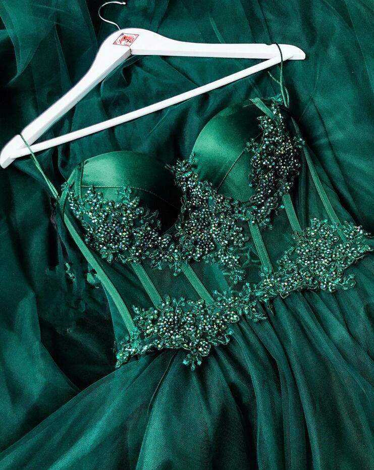 A Line Dark Green Long Prom Dresses With Beads
