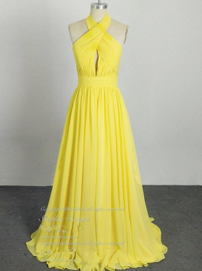 A Line Halter Yellow Chiffon Long Prom Dress On Luulla 1546