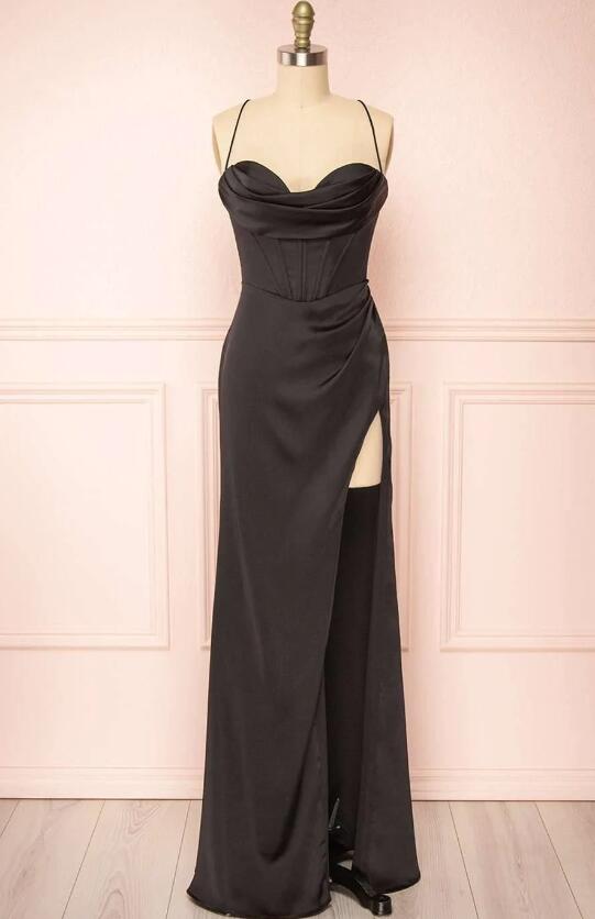Lace-Up Cowl Neck Ruched Long Party Dress      fg3234