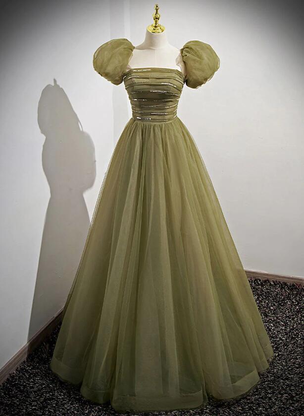 A Line Tulle Sequin Green Tulle Formal Dress