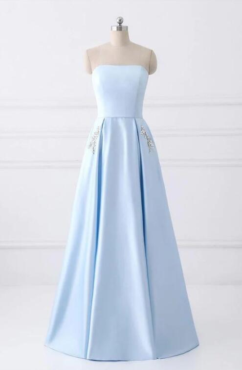 Long Light Blue Strapless Prom Dress For Teens