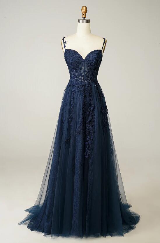 Spaghetti Straps Navy Blue Prom Dress With Appliques