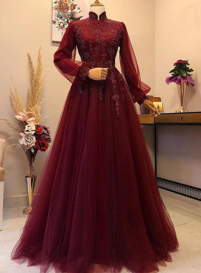 Wine Red A-Line Tulle Design Evening Dresses Long Sleeves Crystal Luxury Formal Dress 2025 LA70280 main image 0