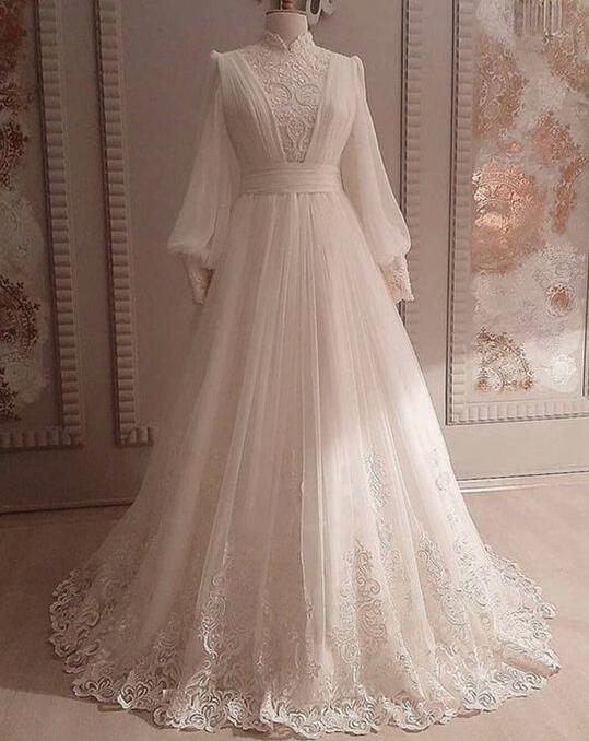 A Line Long Sleeve High Neck Wedding Gown Modest Wedding Dress on Luulla