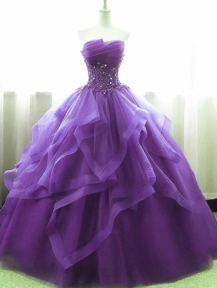 Ball Gown Purple Organza And Tulle Party Dress With Lace Appique
