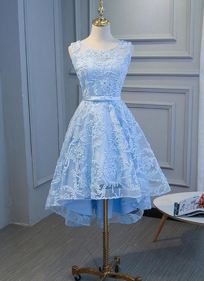 Simple Blue High Low Fashionable Short Homecoming Dress With Lace