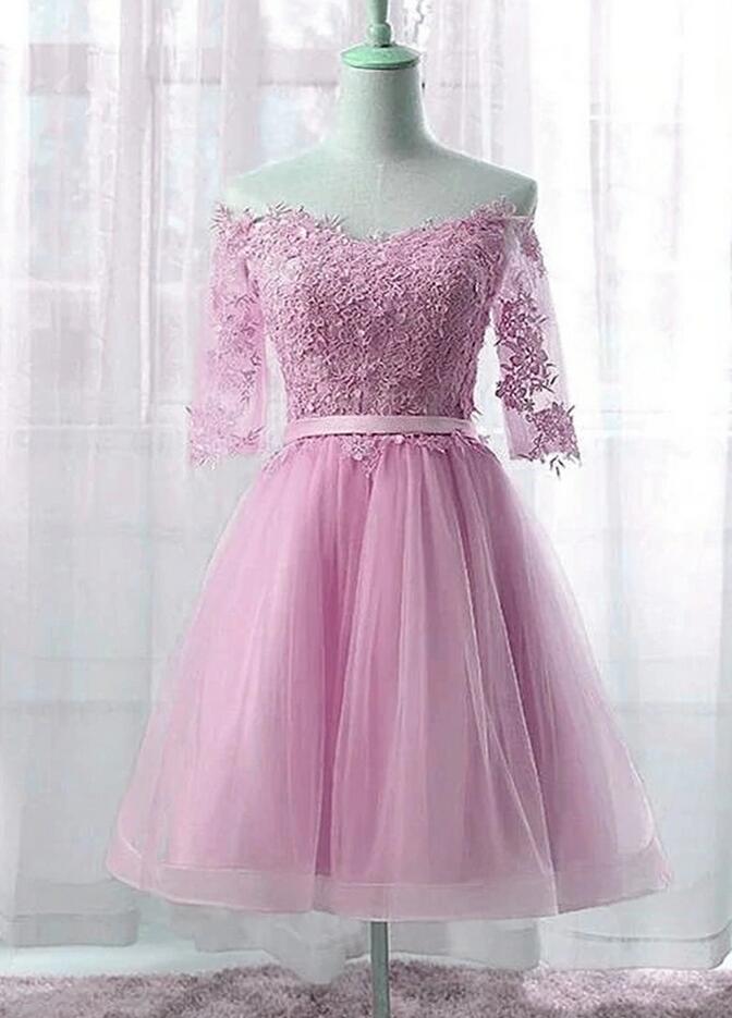 Hand Made Pink Knee Length Short Sleeves Party Dress