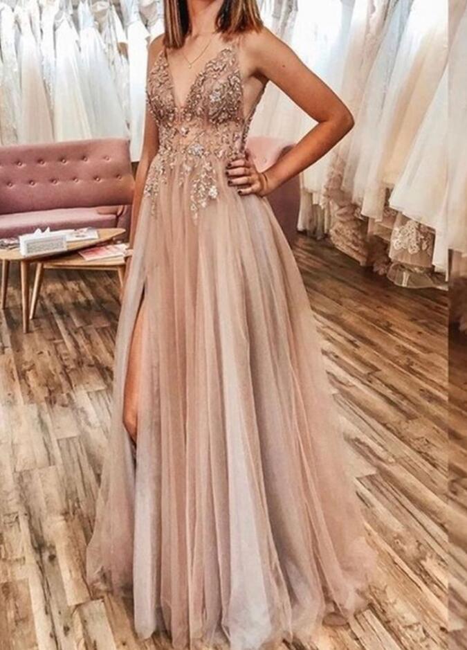 Charming A Line V Neck Blue Tiered Tulle Long Prom Dresses with Appliques VK24102016