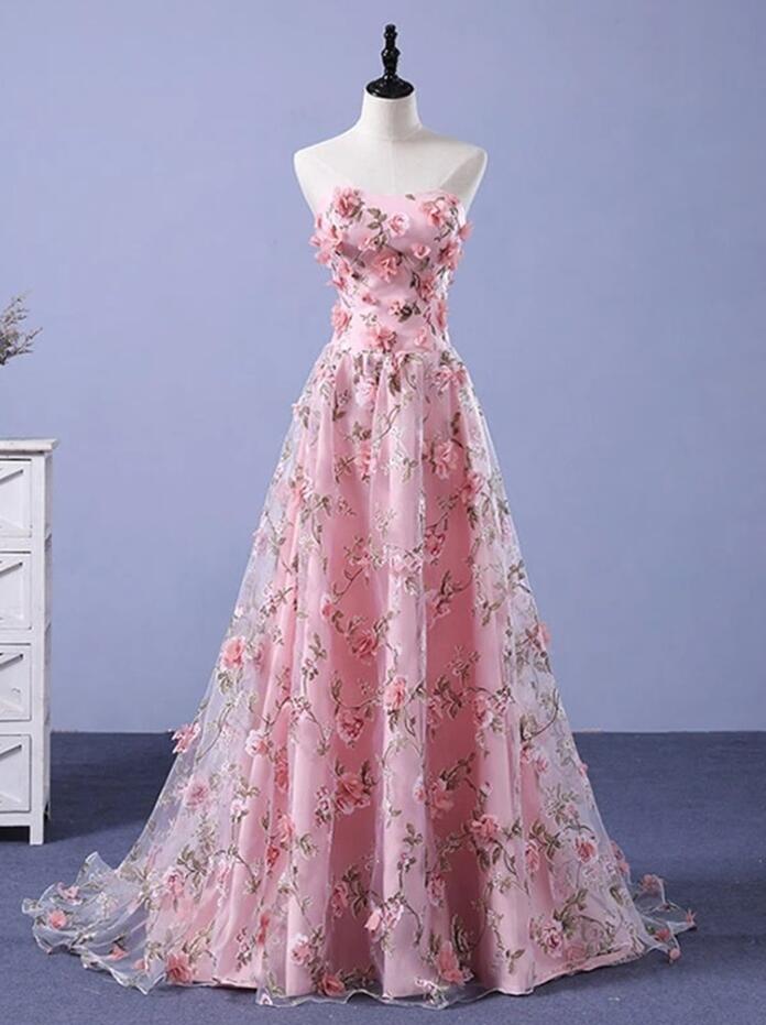 Strapless Open Back 3d Flowers Pink Prom Dresses on Luulla