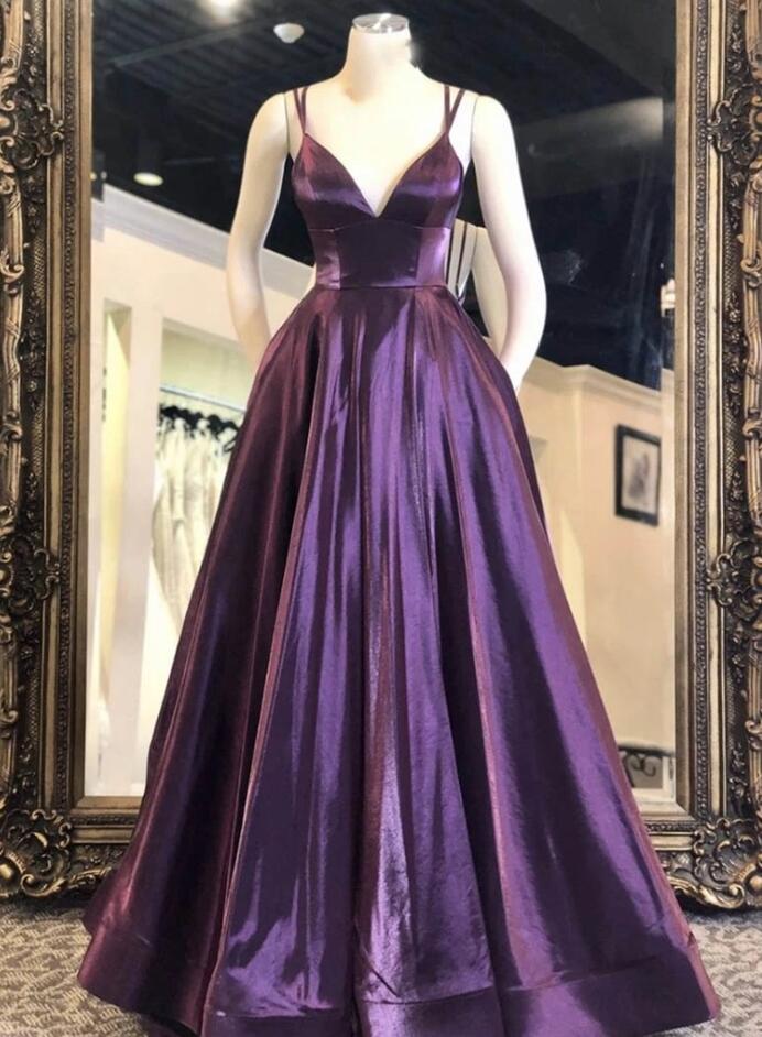 A Line V Neck Purple Satin Long Prom Dresses