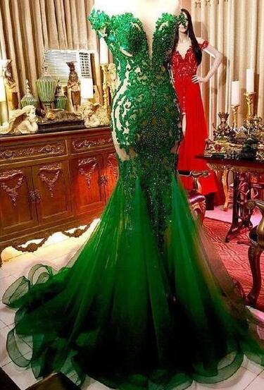 Elegant Green Evening Dresses Long Mermaid Lace Applique