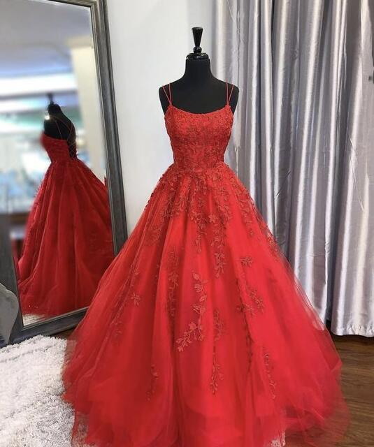 Spaghetti Straps Lace Applique A Line Red Prom Dress