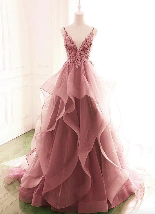 Elegant Spaghetti Strap Tulle Rose Pink Prom Dresses