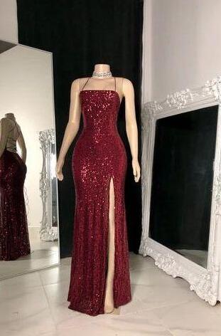 A Line Wine Red Sequin Prom Dresses on Luulla