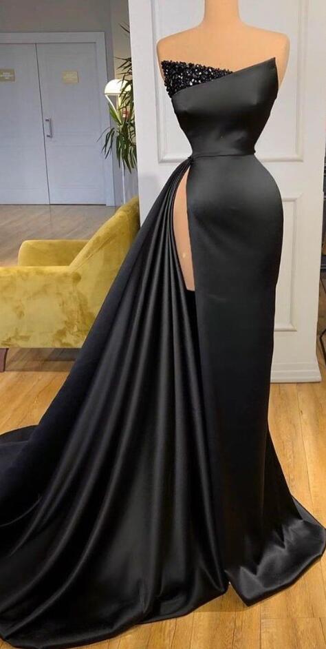 Elegant Black Beaded Vestidos De Gala Satin Modest Prom Dresses