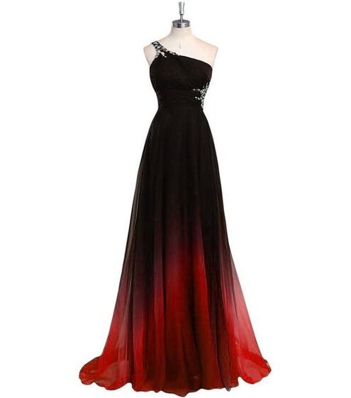 Ombre One Shoulder Black Red Chiffon Prom Gowns