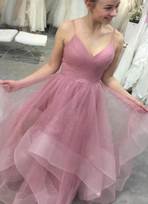 Floor Length Pink V-neckline Tulle Straps Party Dress