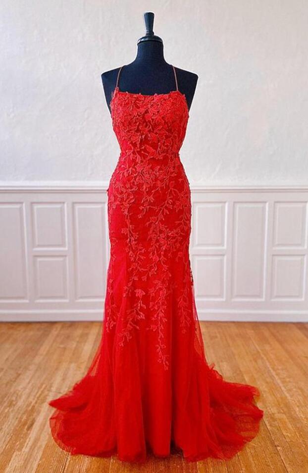 Simple Red Tulle Long Prom Dresses With Lace Appliques