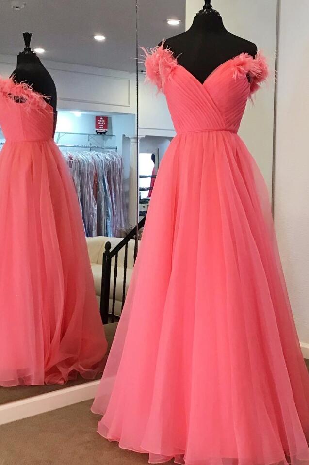 A-line Off The Shoulder Coral Tulle Princess Prom Dress