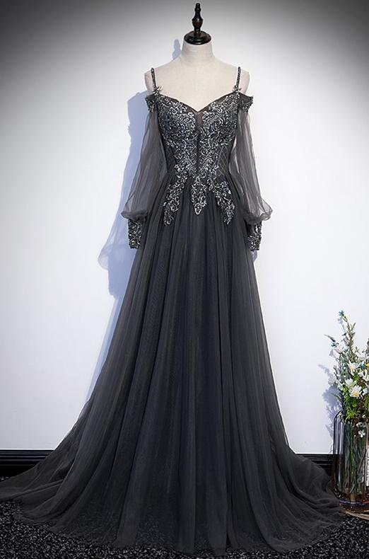 A-line Long Grey Tulle Formal Dress With Long Sleeves