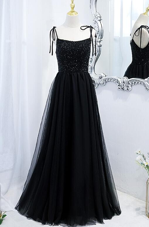 A-line Beaded Black Tulle Long Formal Dress
